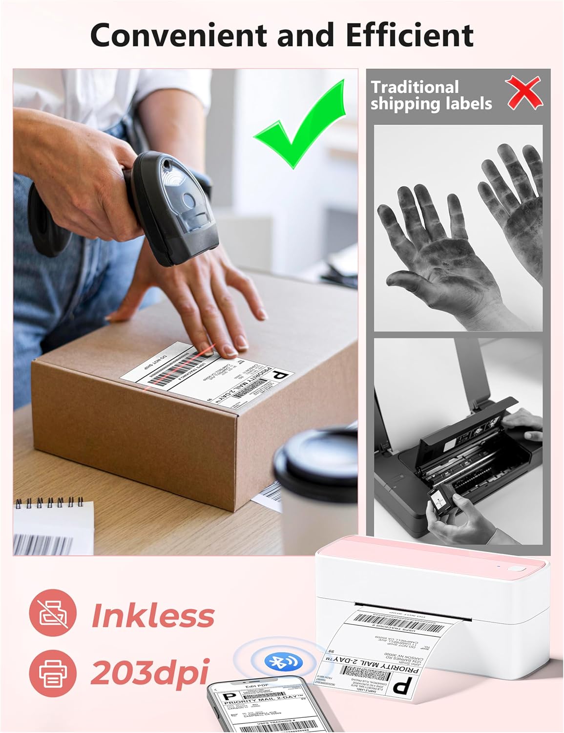 Phomemo Bluetooth Thermal Label Printer, 241BT 4X6 Wireless Shipping Labels Printer for Small Business, Pink Label Printers for Shipping Package, Compatible with iPhone, Android, Amazon, Shopify, USPS - Image 5