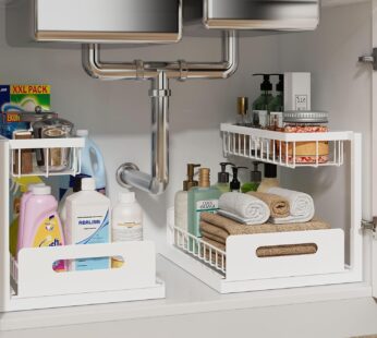 REALINN Under Sink Organizer, Pull Out Cabinet Organizer 2 Tier Slide Out Sink Shelf Cabinet Storage Shelves, Storage for Kitchen Bathroom, White, 2 Pack