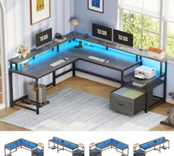 SEDETA L Shaped Office Desk, 66″ Home Office Desk with File Drawer & Power Outlet, Gaming Desk with Led Lights, Corner Computer Desk with Monitor Shelf, Printer Storage Shelves, Two Person Desk, Grey