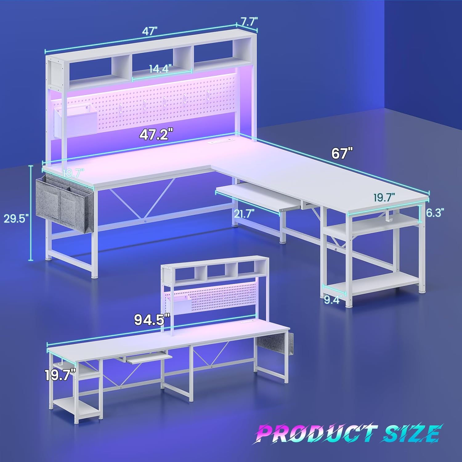 SEDETA White L Shaped Gaming Desk, Reversible Corner With Power Outlet and Pegboard, Hutch, Storage Shelf, Keyboard Tray, and LED Lights for Home Office - Image 2