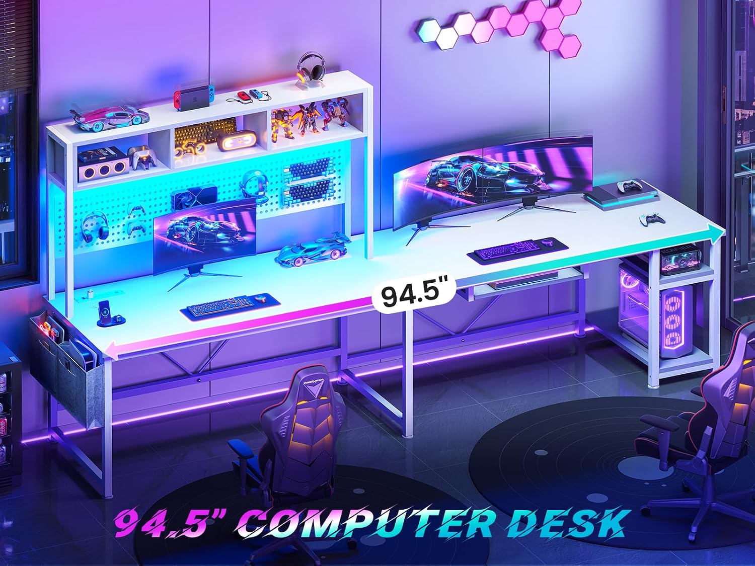 SEDETA White L Shaped Gaming Desk, Reversible Corner With Power Outlet and Pegboard, Hutch, Storage Shelf, Keyboard Tray, and LED Lights for Home Office - Image 3