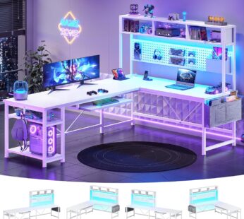 SEDETA White L Shaped Gaming Desk, Reversible Corner With Power Outlet and Pegboard, Hutch, Storage Shelf, Keyboard Tray, and LED Lights for Home Office