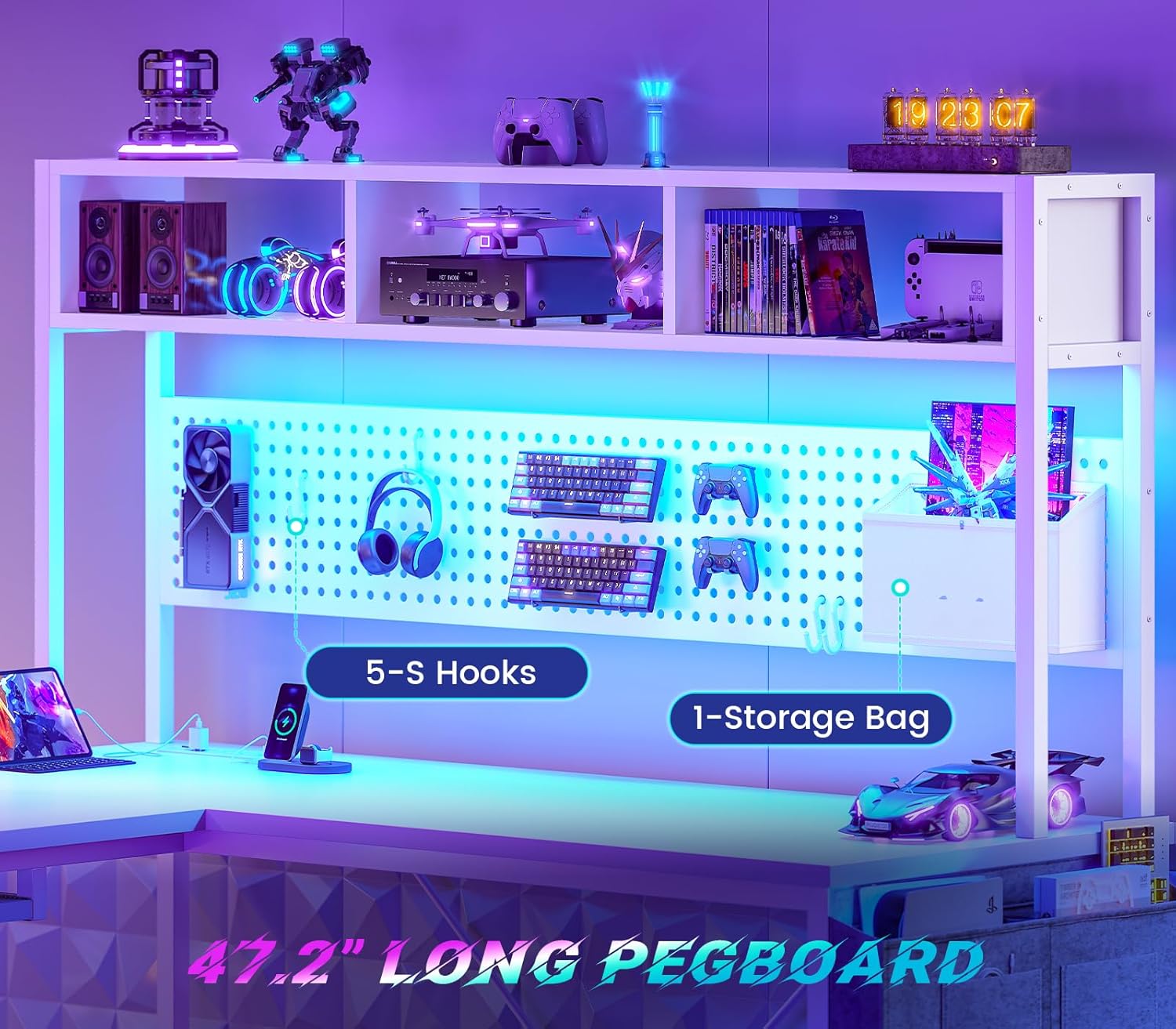 SEDETA White L Shaped Gaming Desk, Reversible Corner With Power Outlet and Pegboard, Hutch, Storage Shelf, Keyboard Tray, and LED Lights for Home Office - Image 4