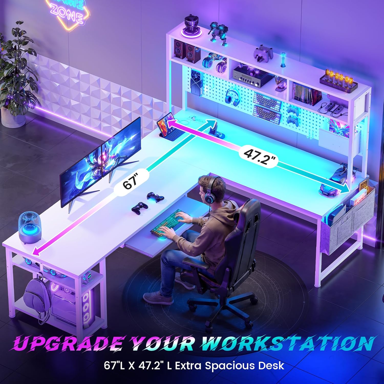 SEDETA White L Shaped Gaming Desk, Reversible Corner With Power Outlet and Pegboard, Hutch, Storage Shelf, Keyboard Tray, and LED Lights for Home Office - Image 5