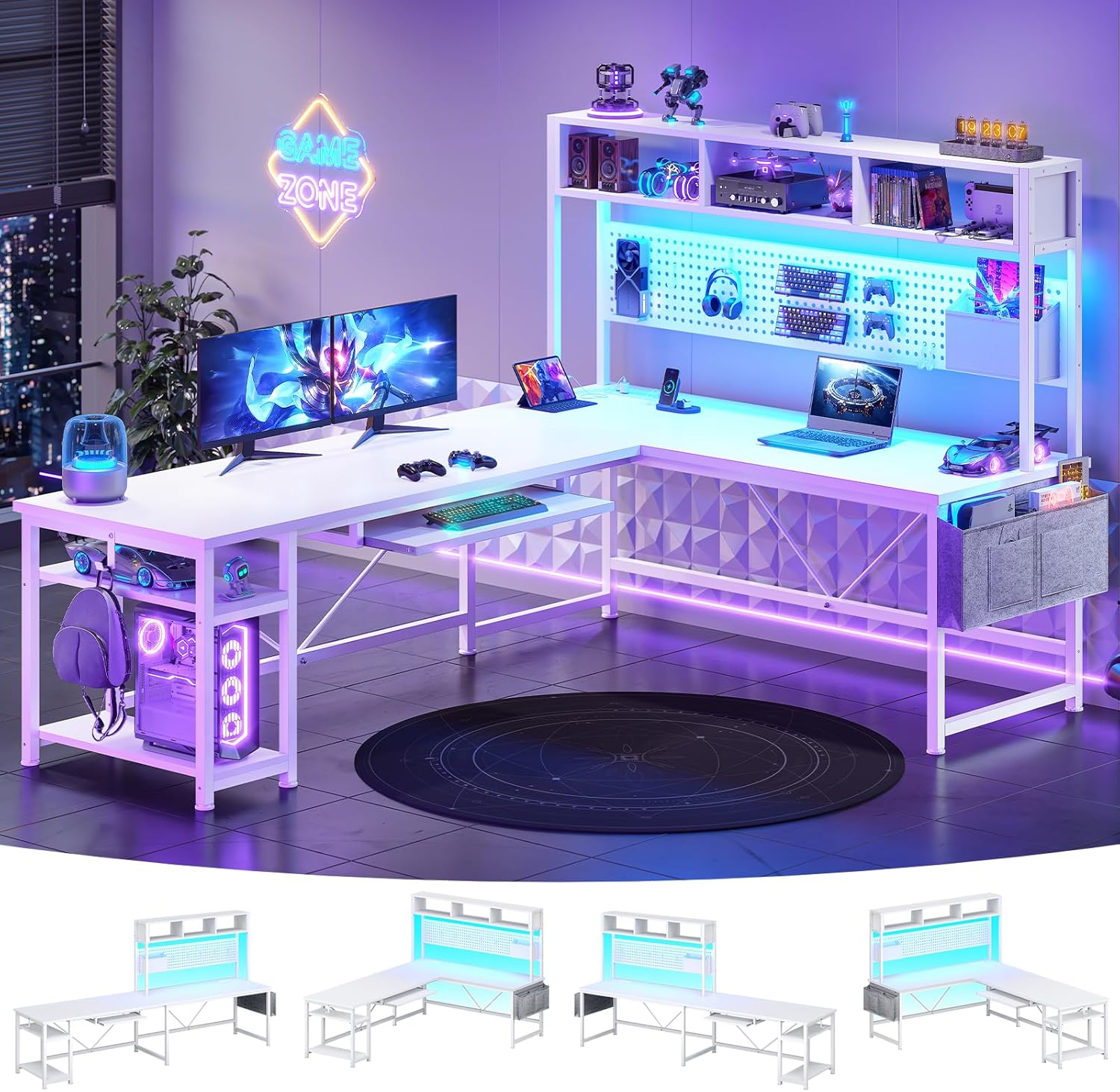 SEDETA White L Shaped Gaming Desk, Reversible Corner With Power Outlet and Pegboard, Hutch, Storage Shelf, Keyboard Tray, and LED Lights for Home Office