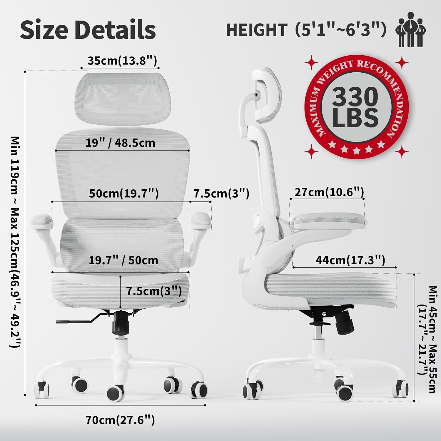 TRALT Ergonomic Office Chair - Desk Chair with Adjustable Headrest Lumbar Support Computer Chair - Mesh Comfy Chair with Flip-up Armrests - Gaming Chairs for Adults Home Office (Leather, White) - Image 2
