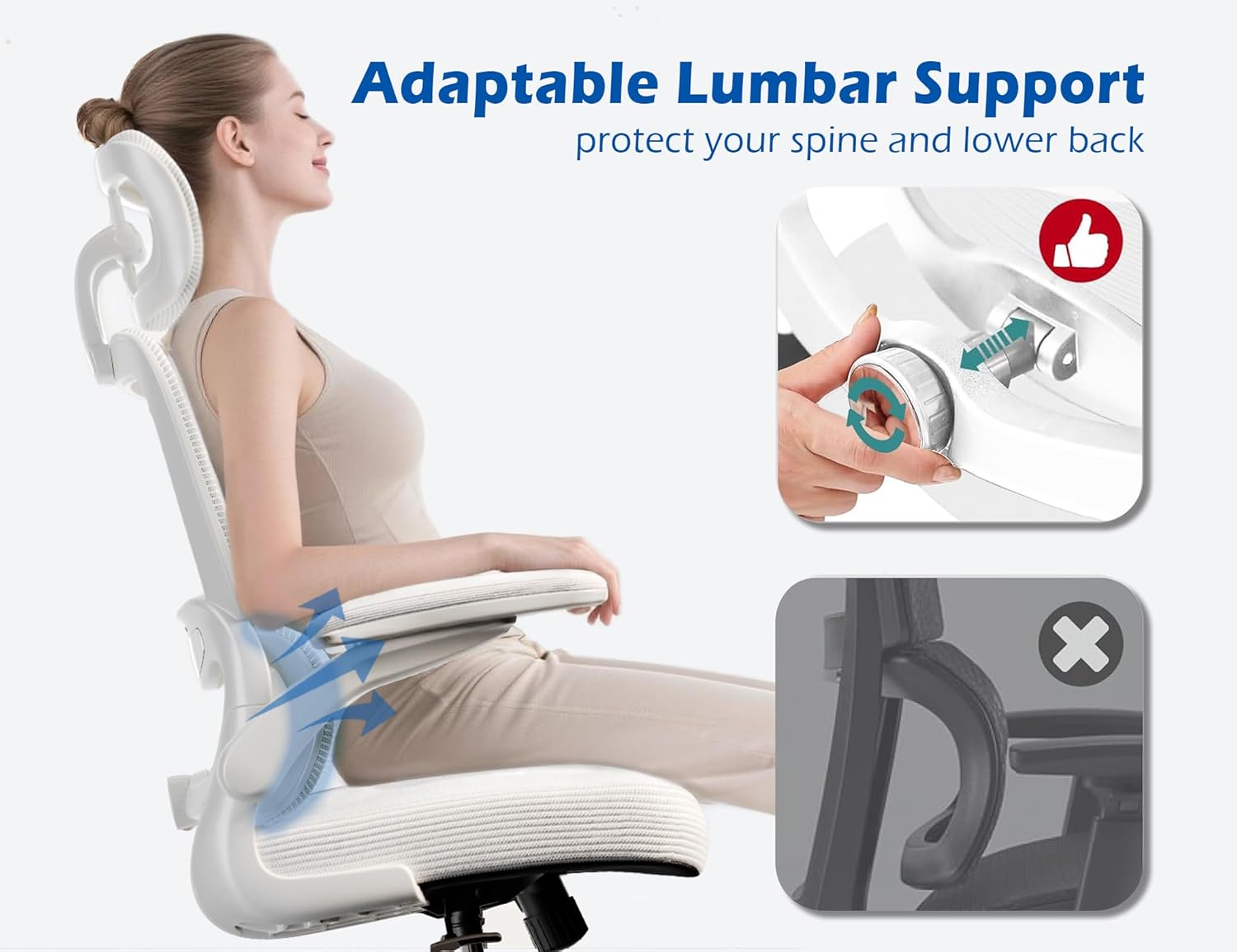 TRALT Ergonomic Office Chair - Desk Chair with Adjustable Headrest Lumbar Support Computer Chair - Mesh Comfy Chair with Flip-up Armrests - Gaming Chairs for Adults Home Office (Leather, White) - Image 3
