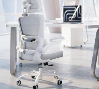 TRALT Ergonomic Office Chair – Desk Chair with Adjustable Headrest Lumbar Support Computer Chair – Mesh Comfy Chair with Flip-up Armrests – Gaming Chairs for Adults Home Office (Leather, White)