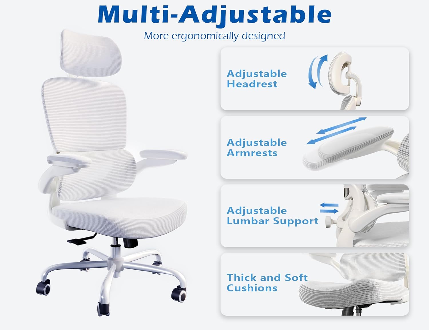 TRALT Ergonomic Office Chair - Desk Chair with Adjustable Headrest Lumbar Support Computer Chair - Mesh Comfy Chair with Flip-up Armrests - Gaming Chairs for Adults Home Office (Leather, White) - Image 4