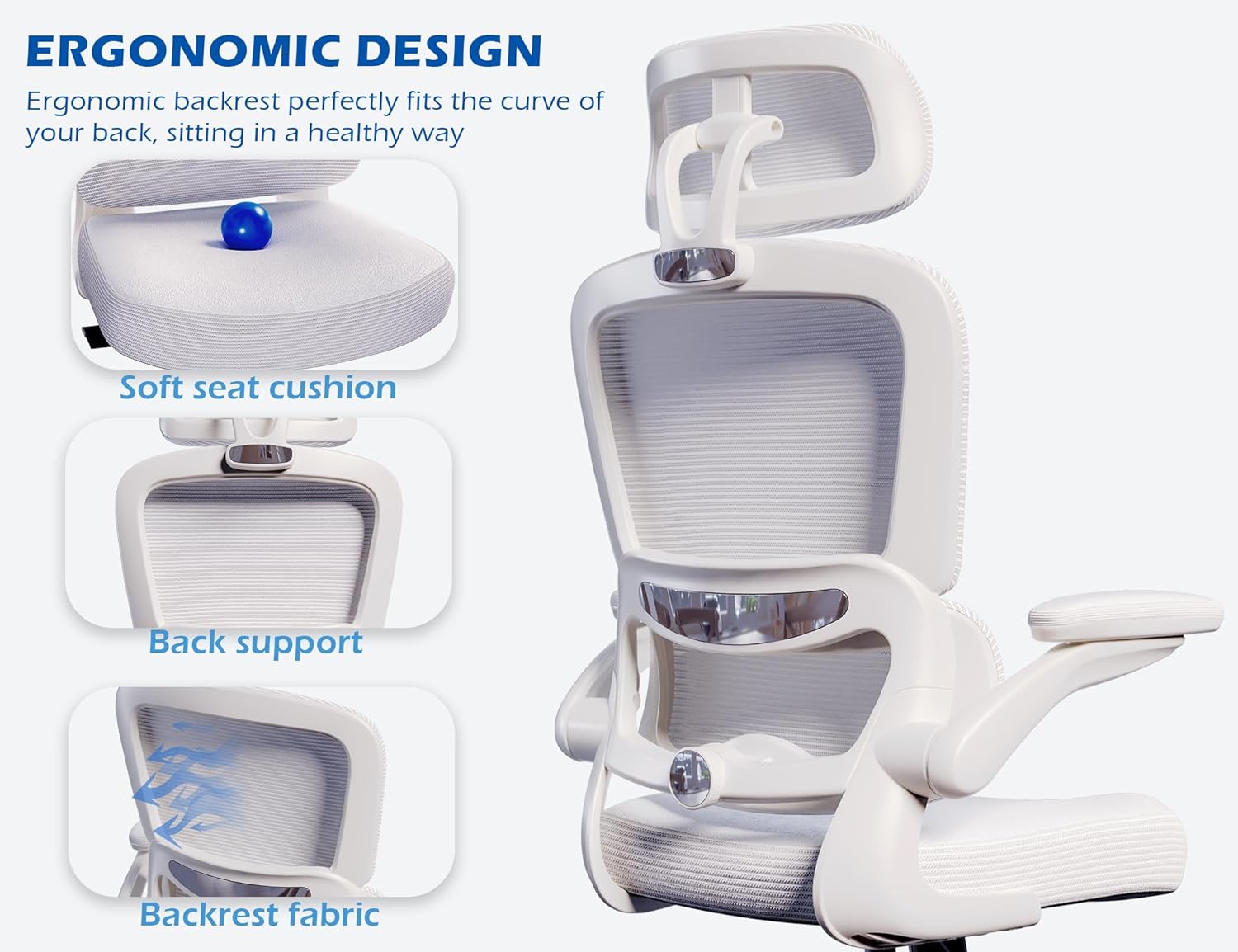 TRALT Ergonomic Office Chair - Desk Chair with Adjustable Headrest Lumbar Support Computer Chair - Mesh Comfy Chair with Flip-up Armrests - Gaming Chairs for Adults Home Office (Leather, White) - Image 5