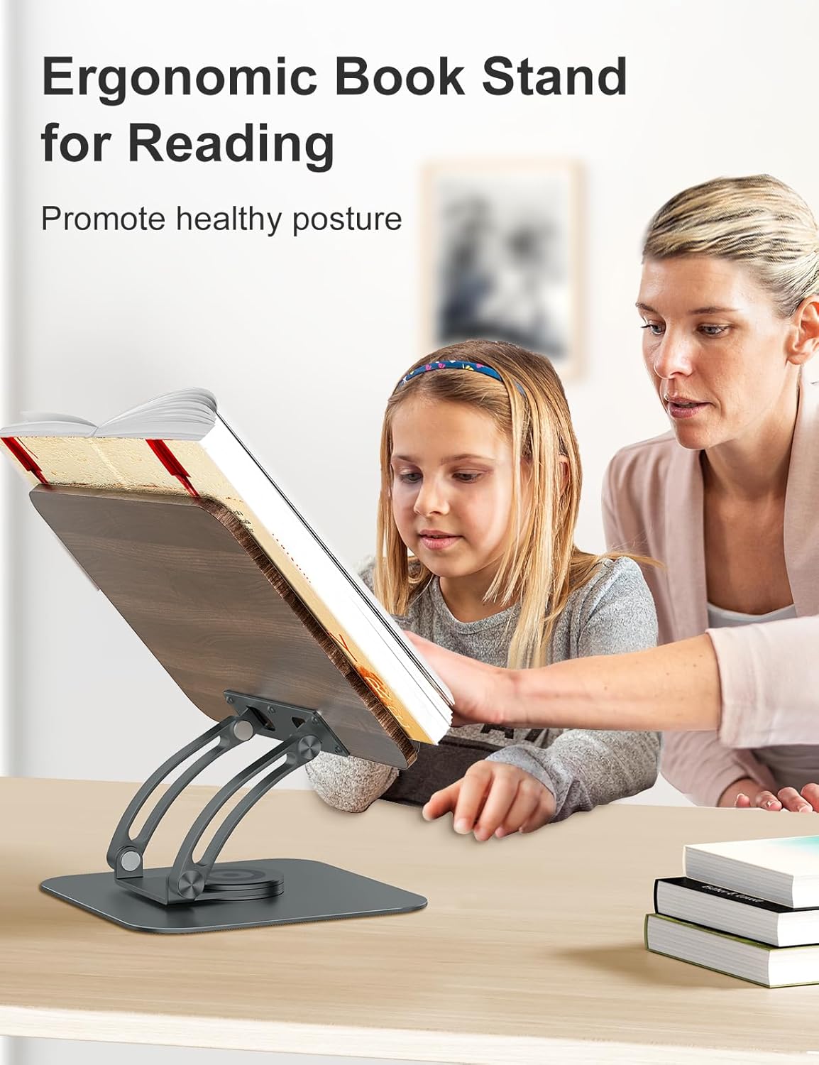 Tounee Book Stand for Reading, Adjustable Book Holder with 360° Swivel Base, Foldable Cookbook Stand Recipe Book Holder with Elastic Page Clips for Music Scores, Recipe, Tablet, Laptop-Gray - Image 2