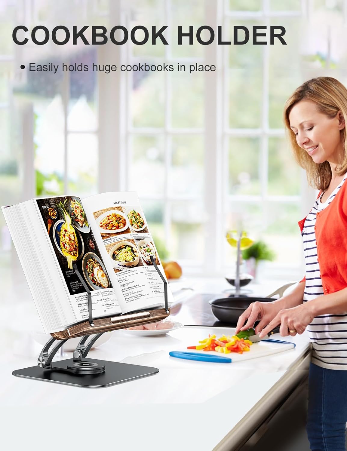 Tounee Book Stand for Reading, Adjustable Book Holder with 360° Swivel Base, Foldable Cookbook Stand Recipe Book Holder with Elastic Page Clips for Music Scores, Recipe, Tablet, Laptop-Gray - Image 3