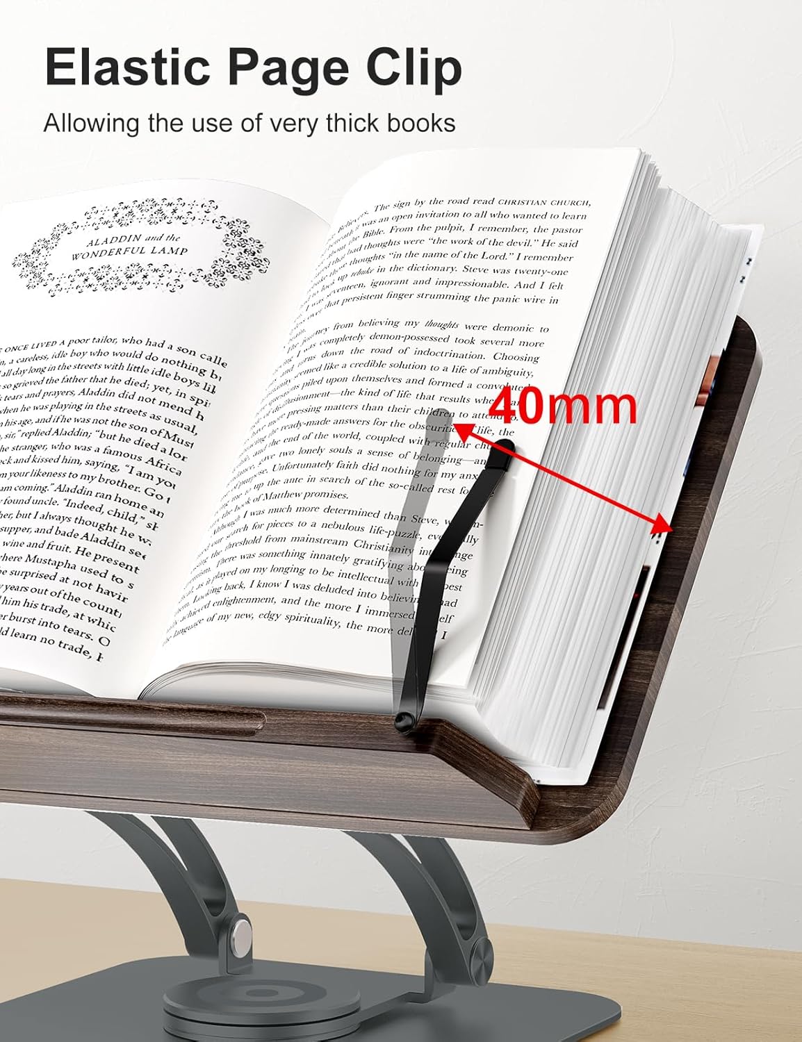 Tounee Book Stand for Reading, Adjustable Book Holder with 360° Swivel Base, Foldable Cookbook Stand Recipe Book Holder with Elastic Page Clips for Music Scores, Recipe, Tablet, Laptop-Gray - Image 5