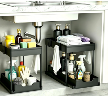 Under Sink Organizer 2 Pack, Bathroom Cabinet Organizer, 2 Tier Sliding Cabinet Basket Organizer Drawer, Multi-Purpose Bath Collection Baskets for Bathroom (Black)