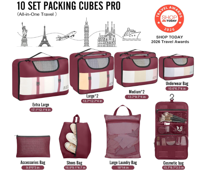 Veken 10 Set Packing Cubes for Travel Essential, Suitcase Organizer Bags in 4 Sizes, Carry-On Luggage Accessories with Large Laundry & Hanging Toiletry Bag, Must-Have for Airplane, Road Trip & Camping - Image 3
