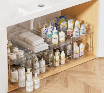 Vtopmart 4 Pack Bathroom Organizer, 2 Tier Clear Under Sink Organizers Vanity Countertop Storage Container,Cabinet Drawers Bins, Pull-Out Organization with Track for Pantry, Kitchen