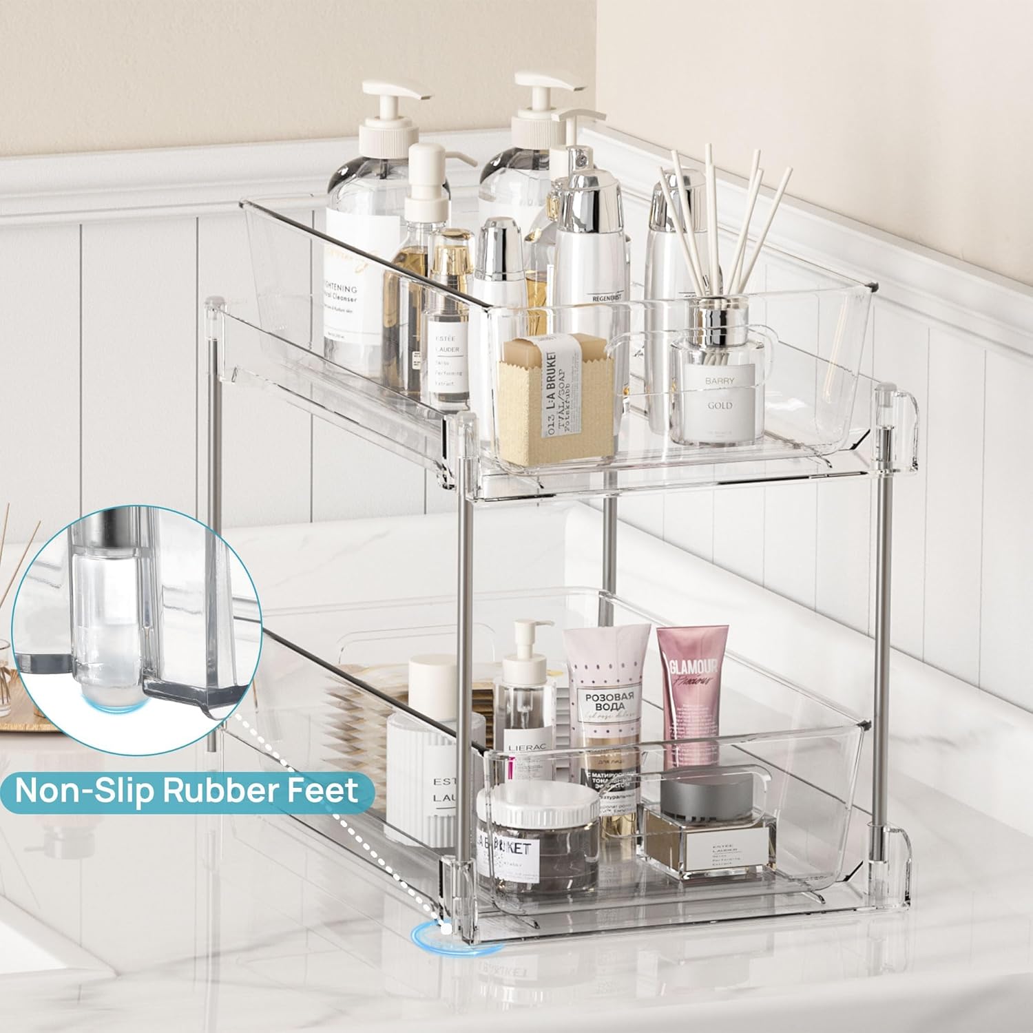 Vtopmart 4 Pack Bathroom Organizer, 2 Tier Clear Under Sink Organizers Vanity Countertop Storage Container,Cabinet Drawers Bins, Pull-Out Organization with Track for Pantry, Kitchen - Image 4