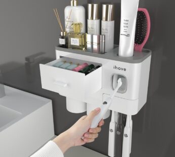 iHave Toothbrush Holders for Bathrooms, 2 Cups Toothbrush Holder Wall Mounted with Toothpaste Dispenser – Large Capacity Tray, Cosmetic Drawer – Bathroom Decor & Bathroom Accessories
