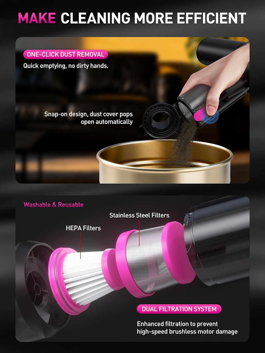Mini Car Vacuum Portable Cordless with LED Light, 15000PA Powerful Suction, 80W High Power, One-Click Empty, Dual Hepa Filter, Y8plus Car Vacuum Cleaner & Air Duster for Home, Desk, PC, Keyboard - Image 3