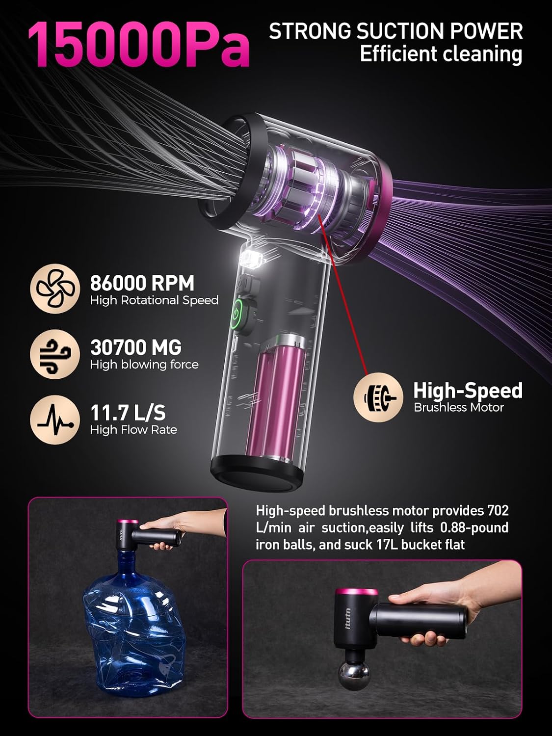Mini Car Vacuum Portable Cordless with LED Light, 15000PA Powerful Suction, 80W High Power, One-Click Empty, Dual Hepa Filter, Y8plus Car Vacuum Cleaner & Air Duster for Home, Desk, PC, Keyboard - Image 4