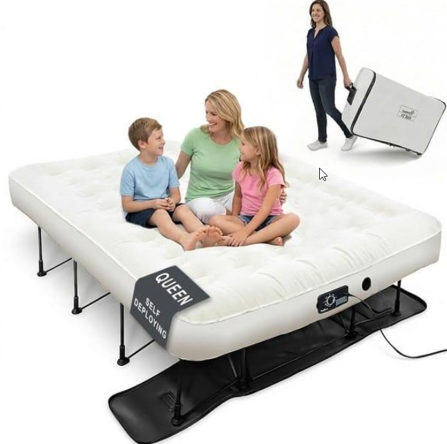 Ivation EZ-Bed (Queen) Air Mattress with Frame & Rolling Case, Self Inflatable, Blow Up Bed Auto Shut-Off, Comfortable Surface AirBed, Best for Guest, Travel, Vacation, Camping
