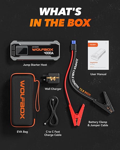 WOLFBOX 4000A Jump Starter,12V Car Battery Jumper Starter Portable with 65W Quick Charger,LED Display,88.8Wh Booster Jump Box Pack (10L Gas 10L Diesel Engine) with LED Light,Jumper Cables, Silver - Image 5